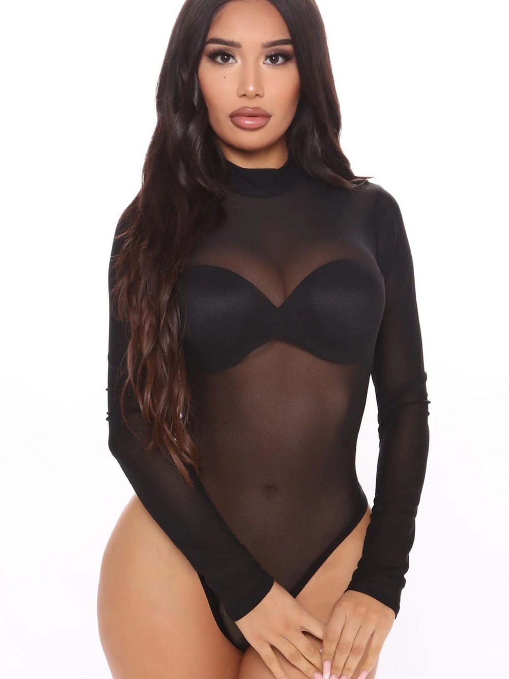 Fashion Nova Marley Mesh Sheer Long Sleeve Black Bodysuit